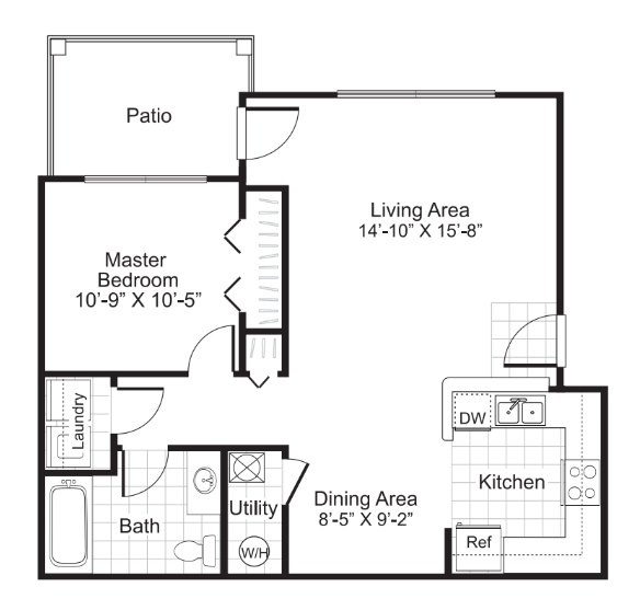Floor plan for 1 bed, 1 bath, 671 sqft